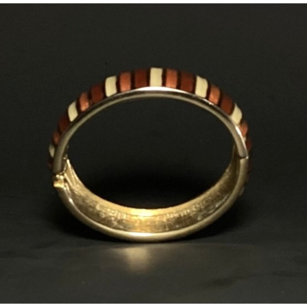Vintage Copper Rose & Cream Striped Wide Hinged Clamper Bracelet Gold-Toned - Picture 8 of 8